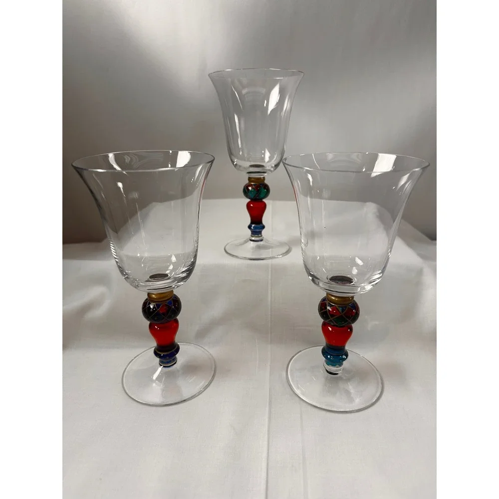Pier 1 Imports Hand Painted Wine Glasses Set of 3 Harlequin Beaded Stem 7.5 inch